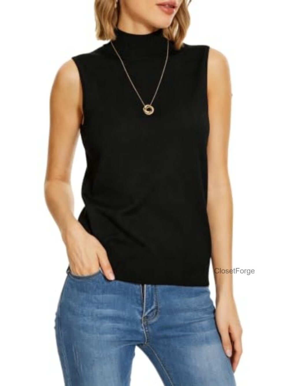 Sleeveless Mock Neck Turtleneck Womens Knit Top Stretch Ribbed